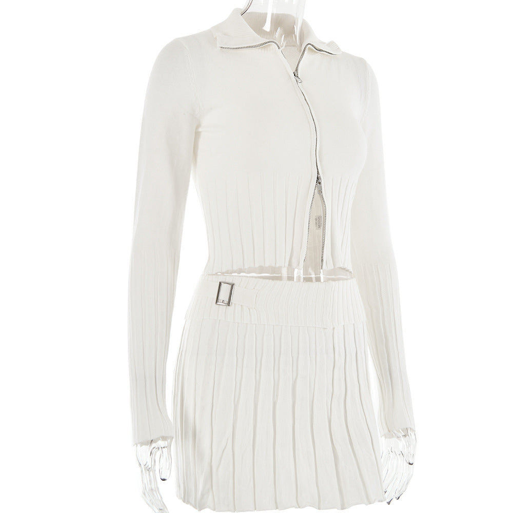 White Knitted Cardigan Pleated Skirt Set Sexy Fall Winter Outfit