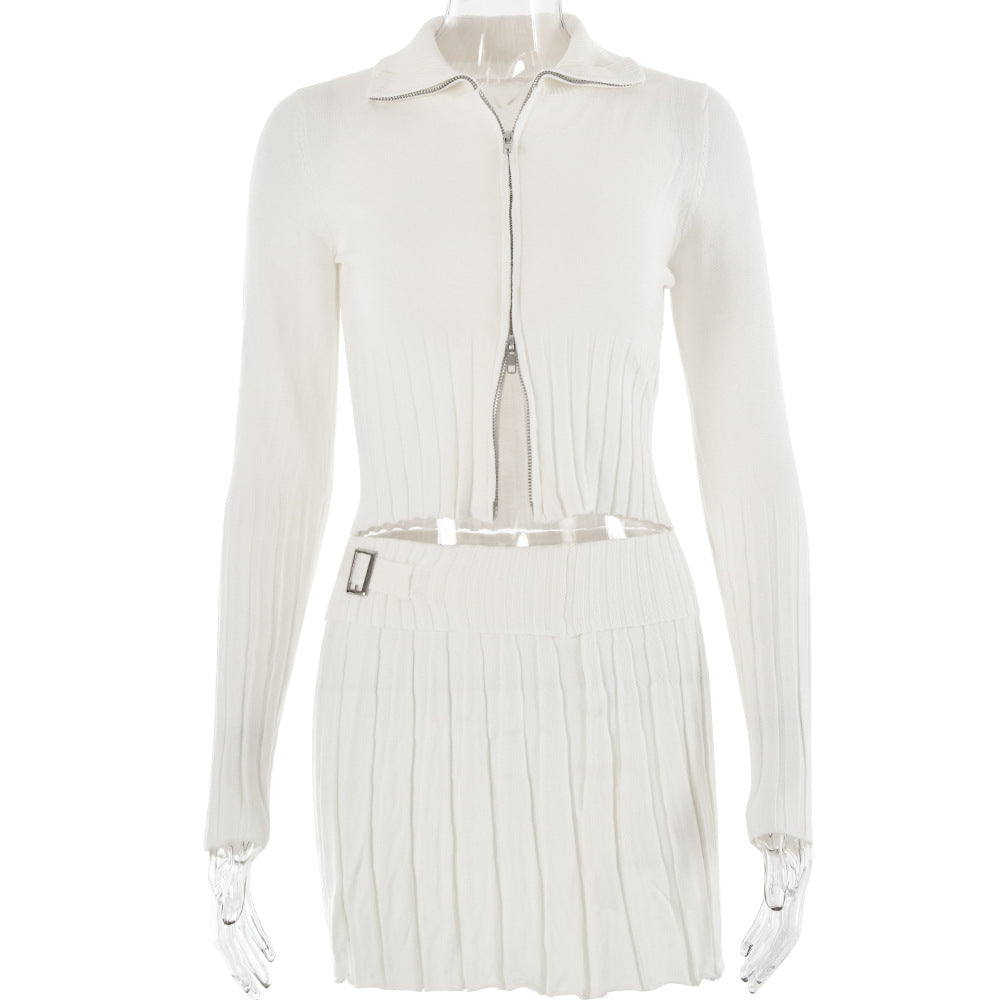 White Knitted Cardigan Pleated Skirt Set Sexy Fall Winter Outfit