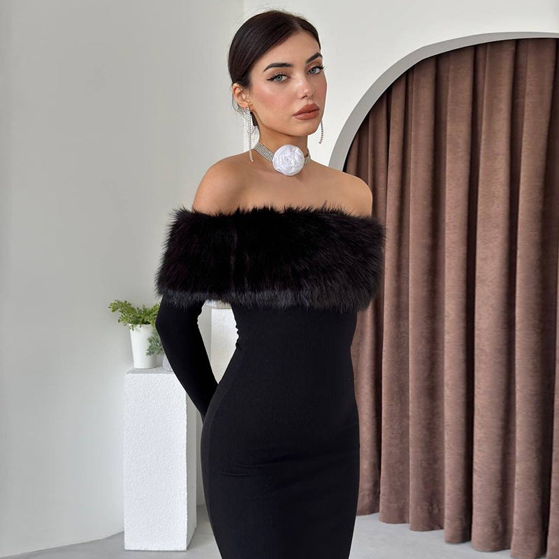 Elegant Off-Shoulder Faux Fur Trim Bodycon Dress