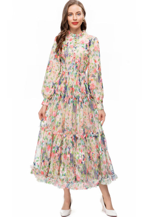 Floral Long Sleeve Maxi Dress Fall Winter A Line Gown