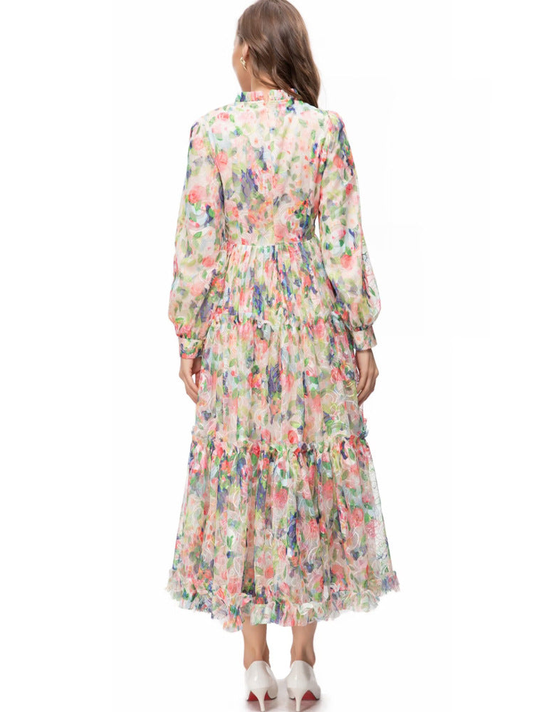 Floral Long Sleeve Maxi Dress Fall Winter A Line Gown