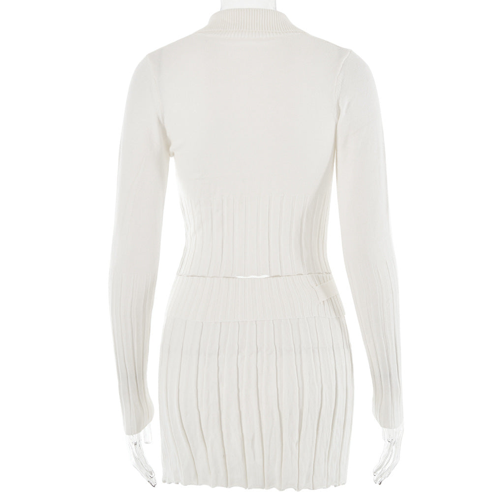 White Knitted Cardigan Pleated Skirt Set Sexy Fall Winter Outfit