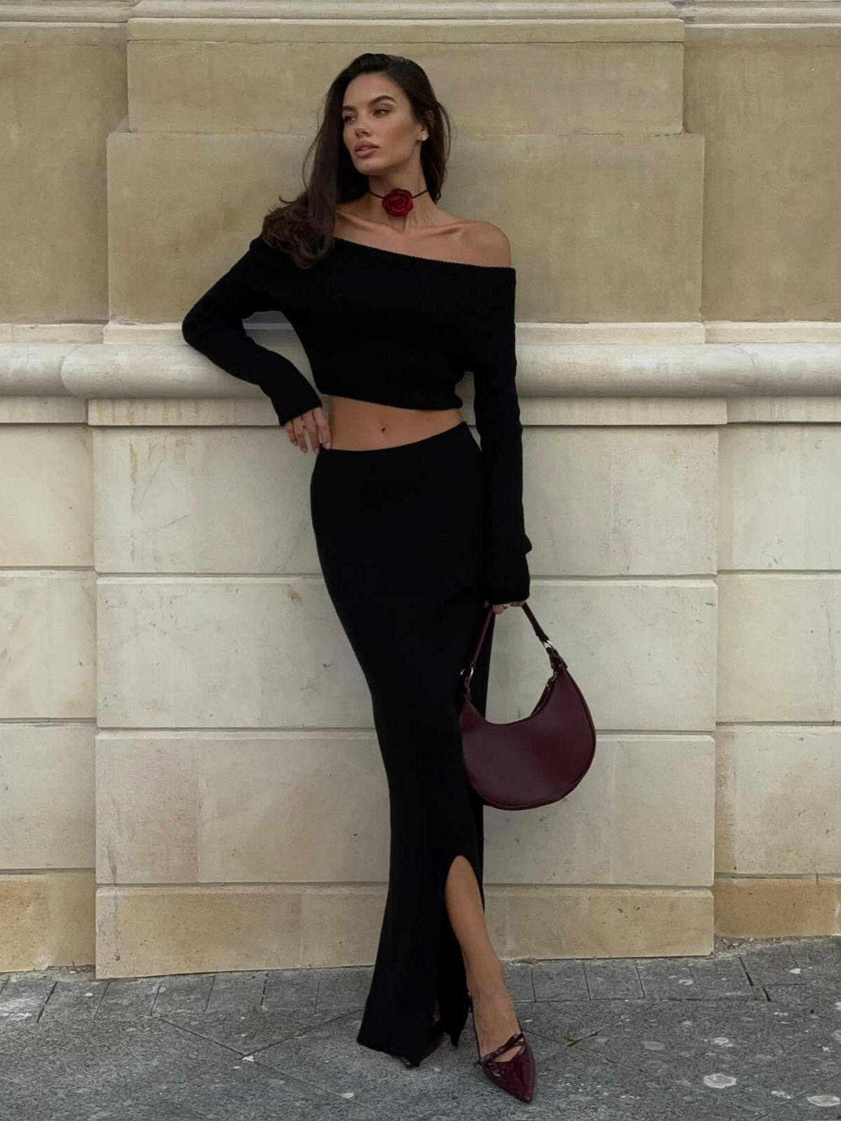 Sexy Crop Top and High Waisted Skirt Set Autumn Winter Knit Outfit