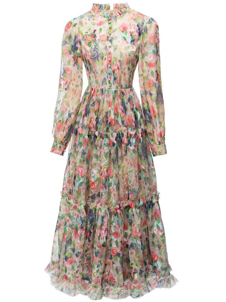 Floral Long Sleeve Maxi Dress Fall Winter A Line Gown