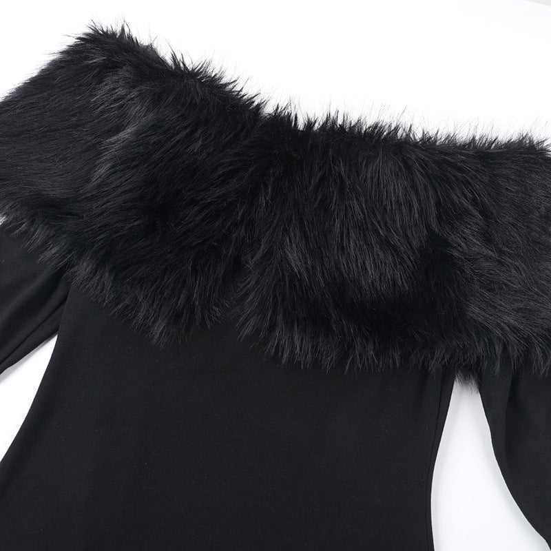 Elegant Off-Shoulder Faux Fur Trim Bodycon Dress