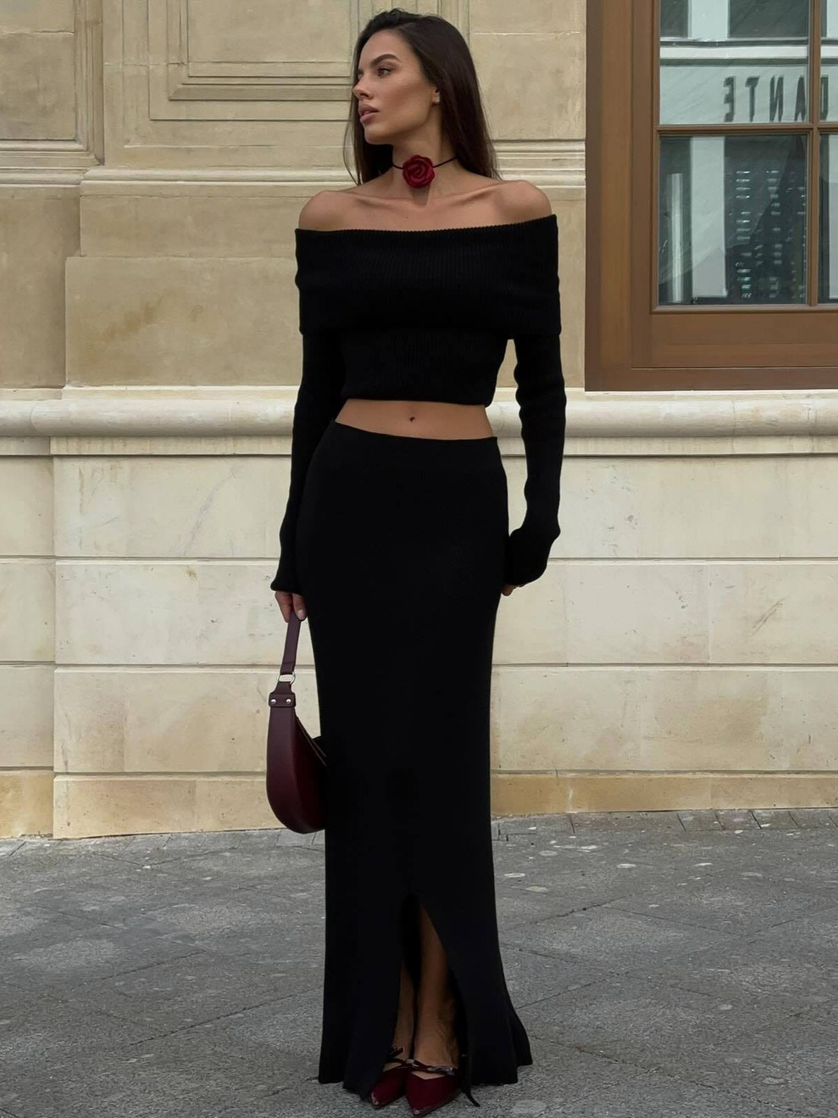 Sexy Crop Top and High Waisted Skirt Set Autumn Winter Knit Outfit