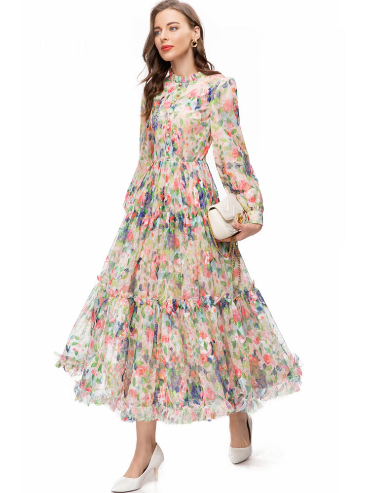 Floral Long Sleeve Maxi Dress Fall Winter A Line Gown