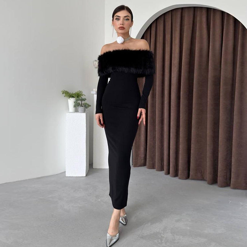 Elegant Off-Shoulder Faux Fur Trim Bodycon Dress