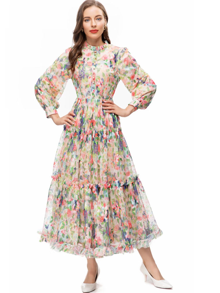 Floral Long Sleeve Maxi Dress Fall Winter A Line Gown