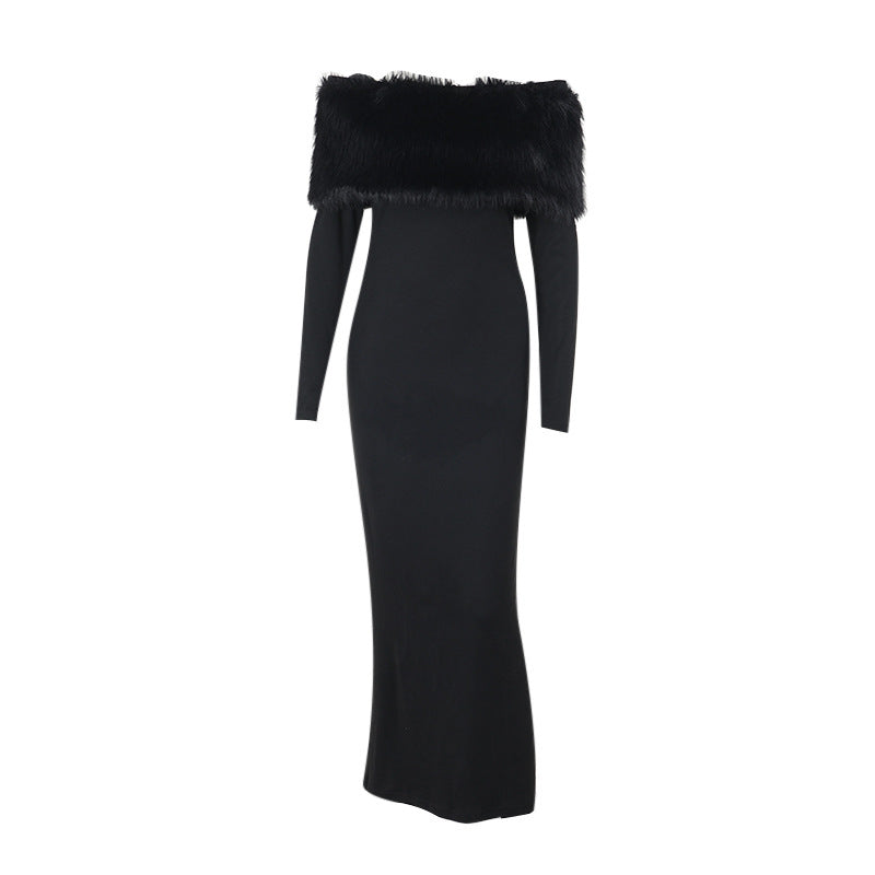 Elegant Off-Shoulder Faux Fur Trim Bodycon Dress