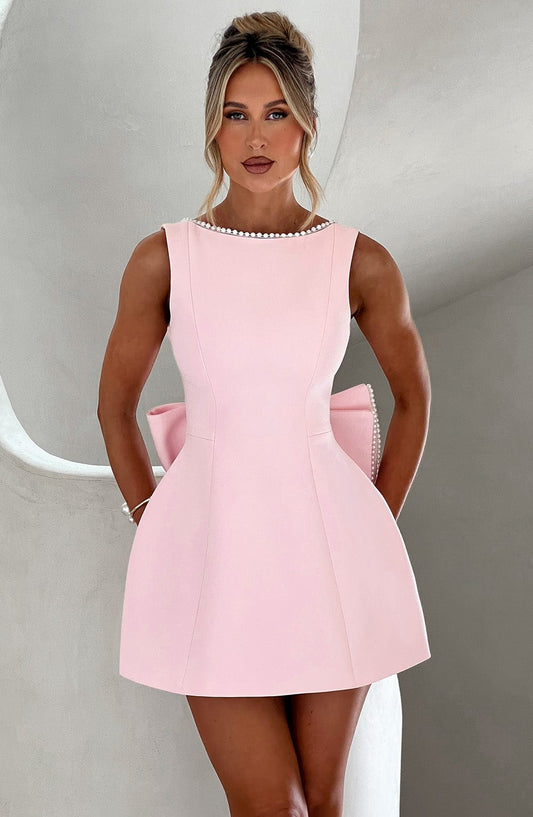 Backless Pearl Bow A-Line Mini Dress